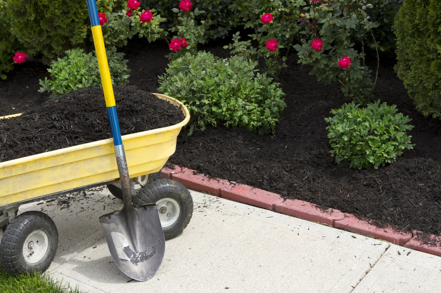 Cart with soil and a shovel in a garden, lawn care services in Fremont NH